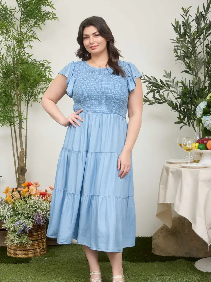 Plus Chambray Smocked Tiered Midi Dress Chambray / 2XL Plus Chambray Smocked Tiered Midi Dress Chambray / 2XL