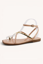 Load image into Gallery viewer, Patent Strappy Flat Sandals With Gold Ac
