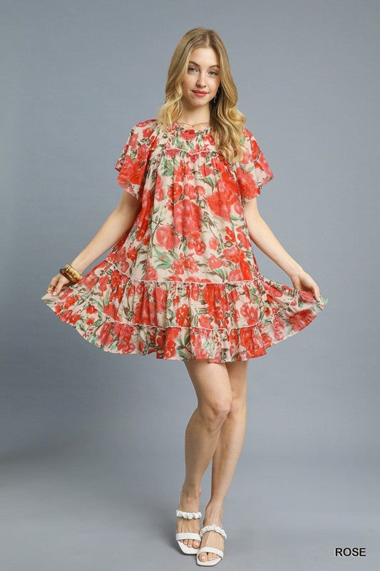 Sheer Watercolor Floral Tiered Mini Dres