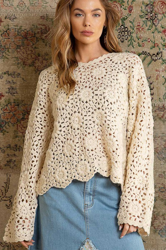 V-neck hand knit floral pattern sweater