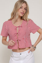 Load image into Gallery viewer, Short Slv Tie Detail Check Woven Top
