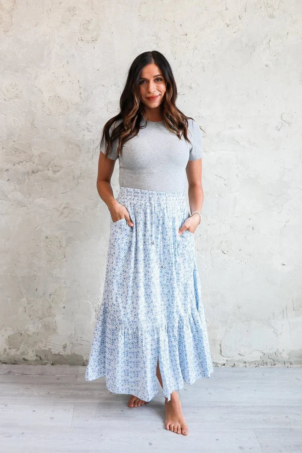 Drawstring Denim Poppy Maxi Skirt