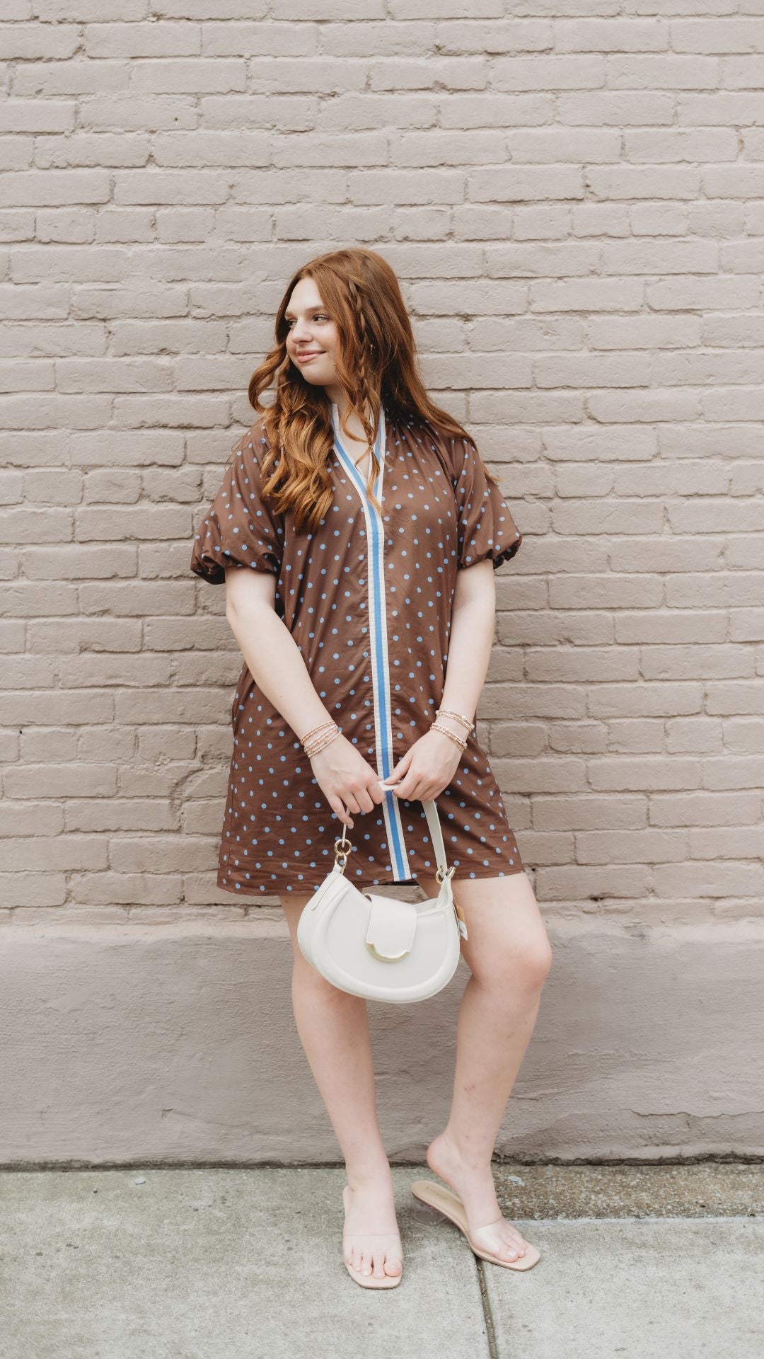 Polka dot short puff sleeve mini dress Brown / S