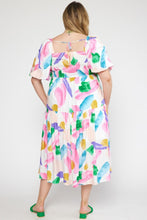 Load image into Gallery viewer, PLUS Print square neck puff sleeve tiered midi dress.
