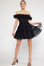 Off the shoulder tiered tulle mini dress
