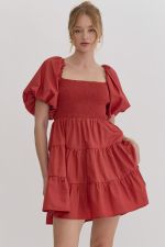 Square neck puff sleeve tiered mini dress