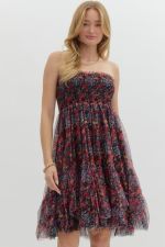 Printed tier ruffle strapless midi dress