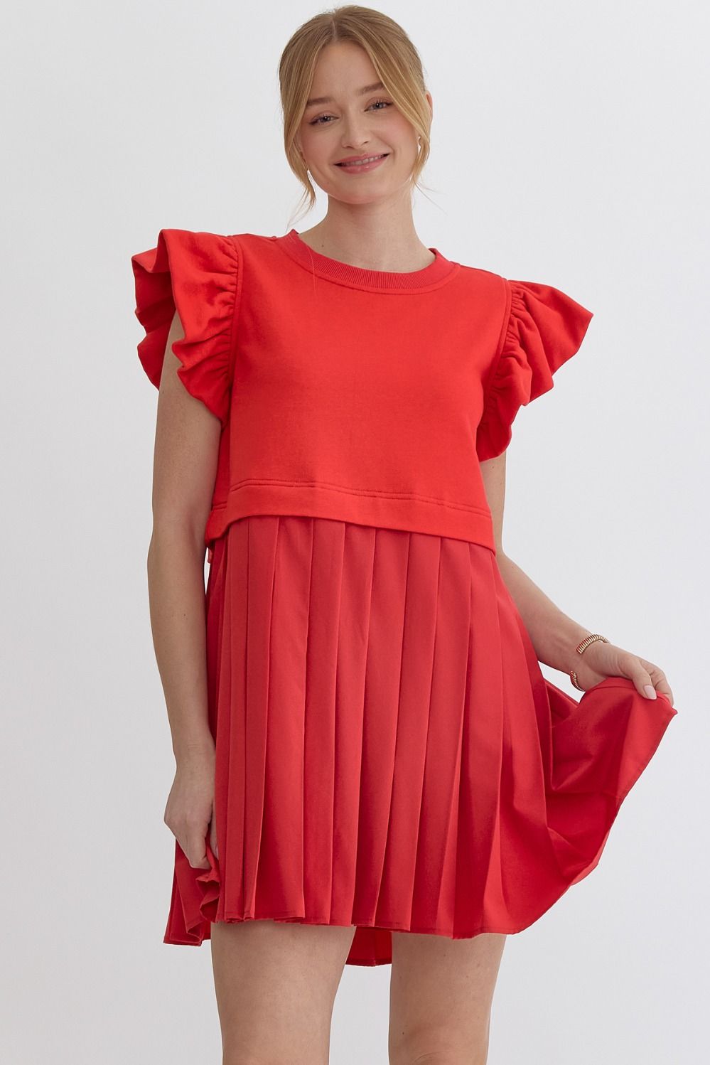 Solid round neck ruffle sleeve twofer