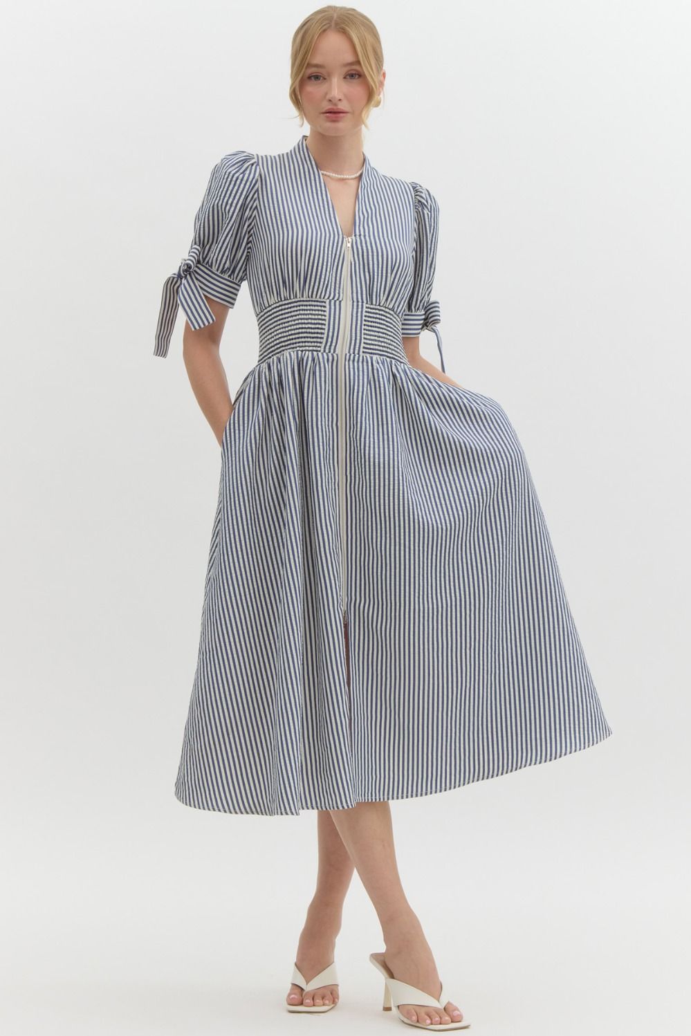 Zip front Pin Stripe Midi Dress – Dreams Boutique, LLC Zip front Pin Stripe Midi Dress – Dreams Boutique, LLC