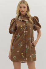 Floral print short bubble sleeve mini dr