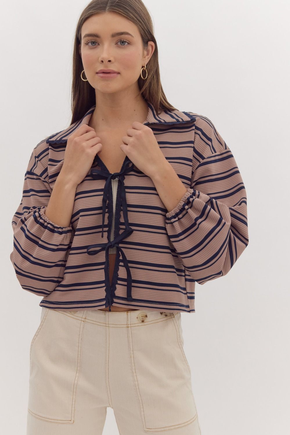 Stripe long sleeve collared cropped cardigan