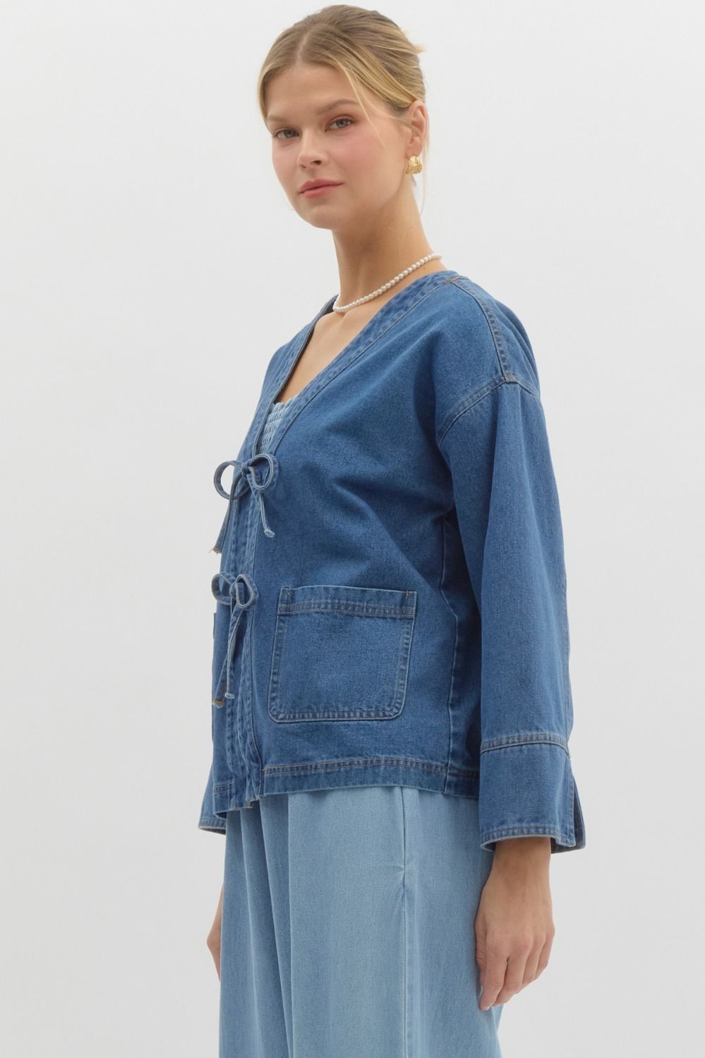 Denim jacket featuring front bow tie – Dreams Boutique, LLC
