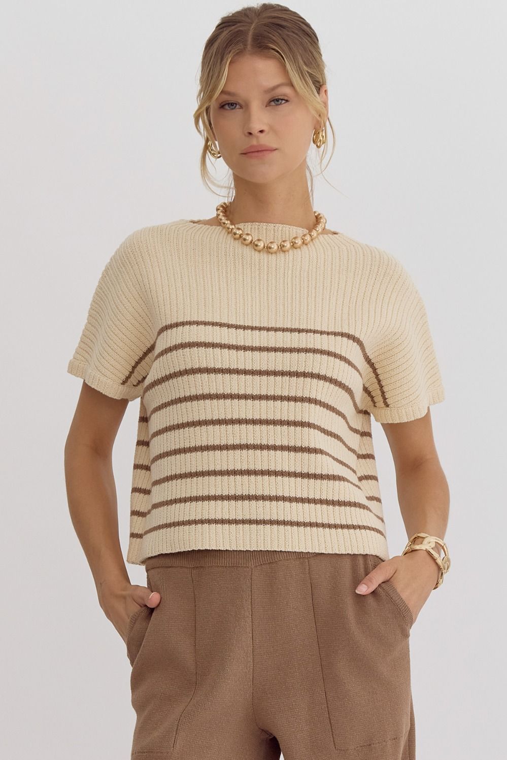 Stripe Knitted mock neck sleeveless top