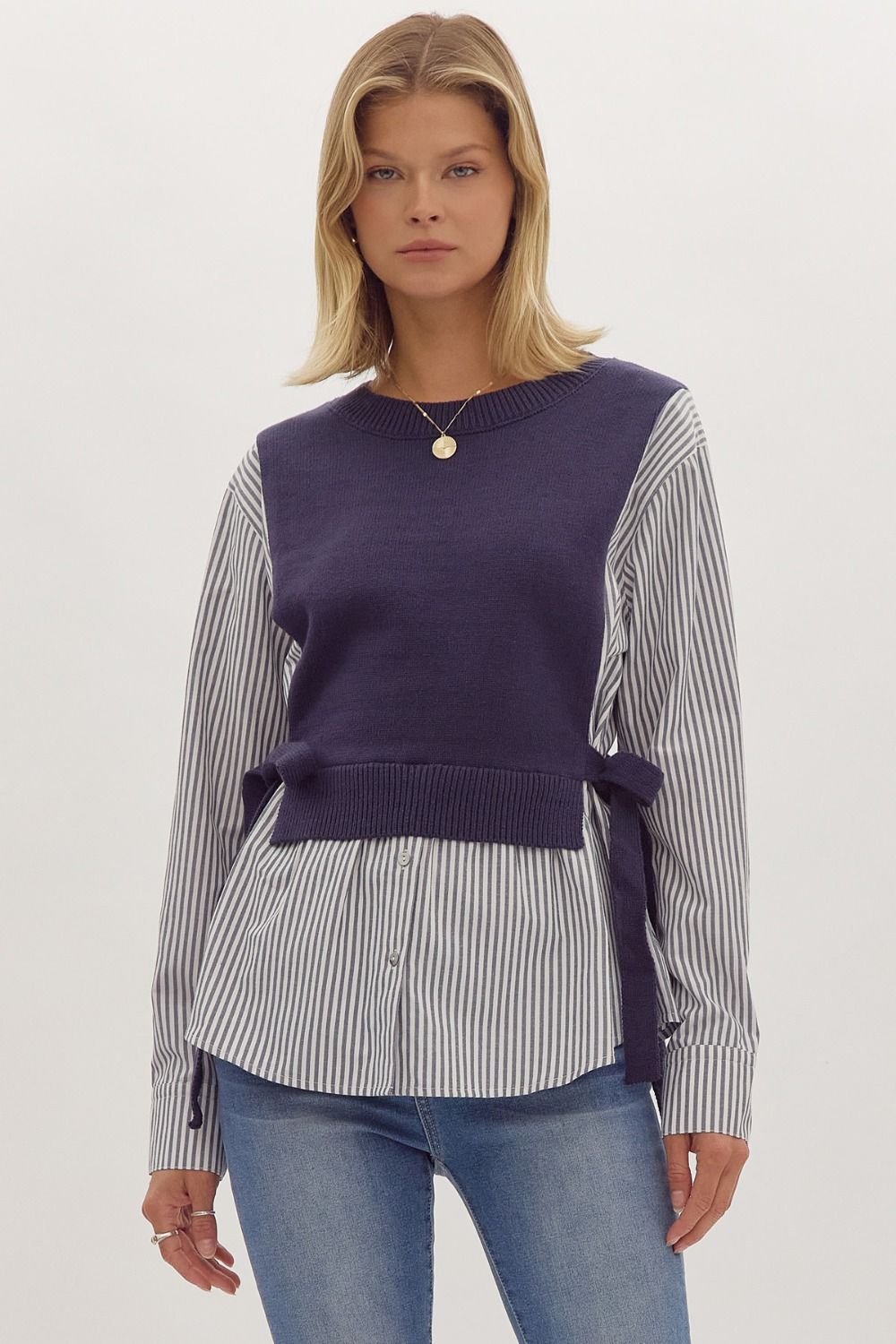 Striped long sleeve twofer top featuring