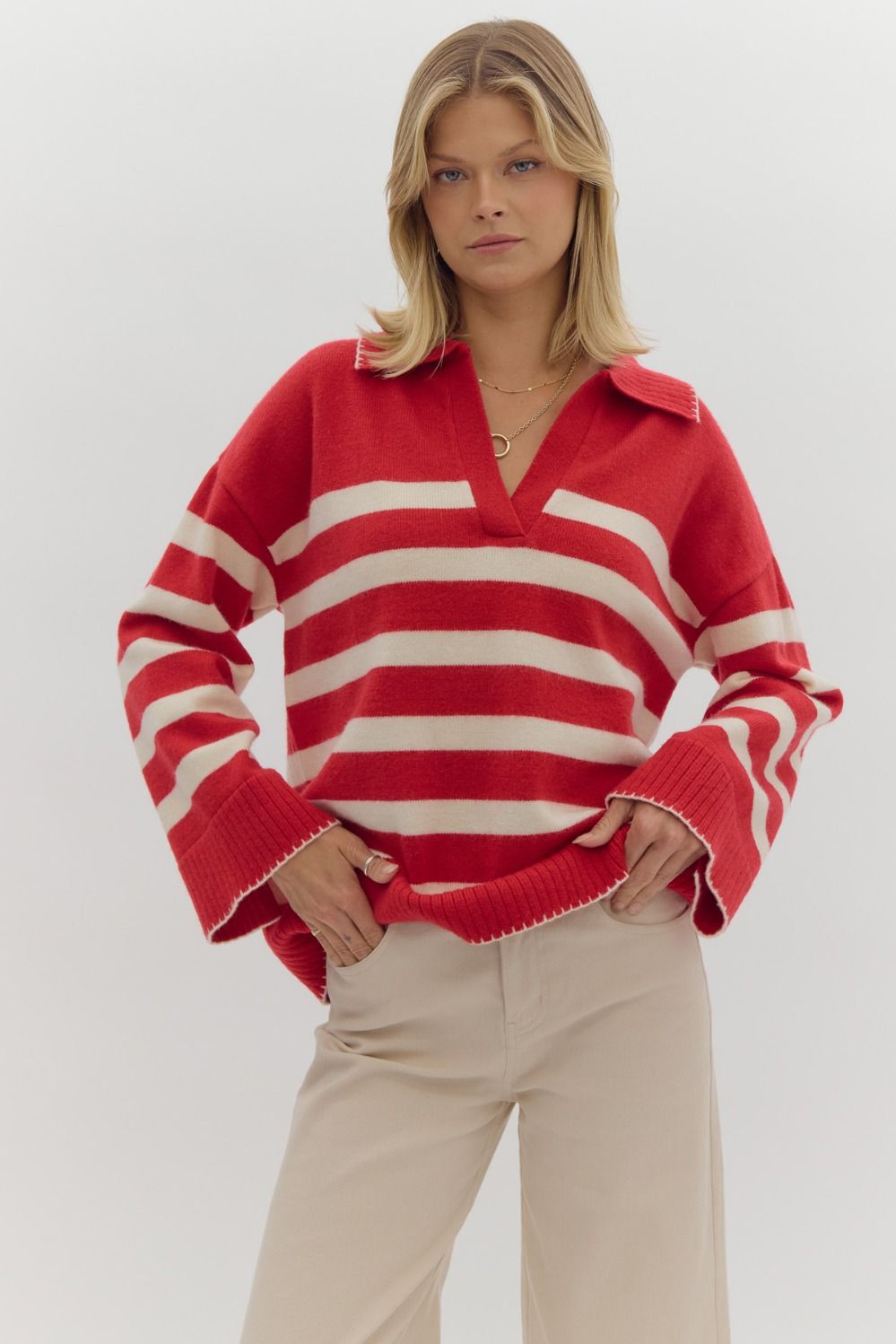 Stripe long sleeve v-neck collared knit