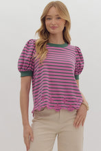 Load image into Gallery viewer, Stripe puff sleeve top featuring floral
