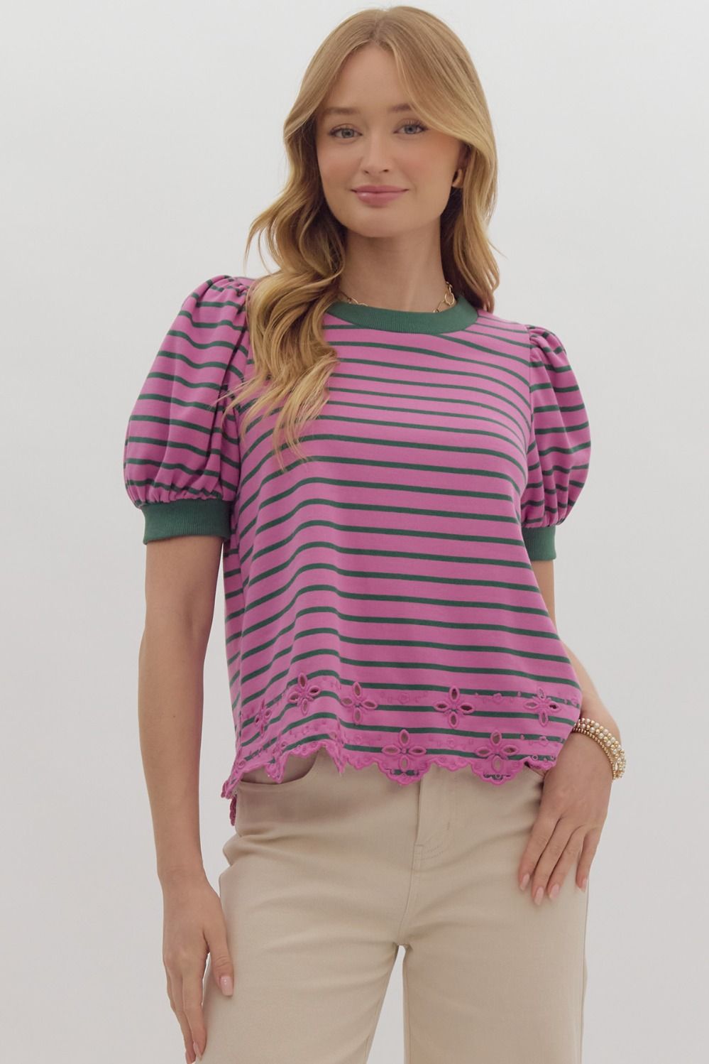 Stripe puff sleeve top featuring floral