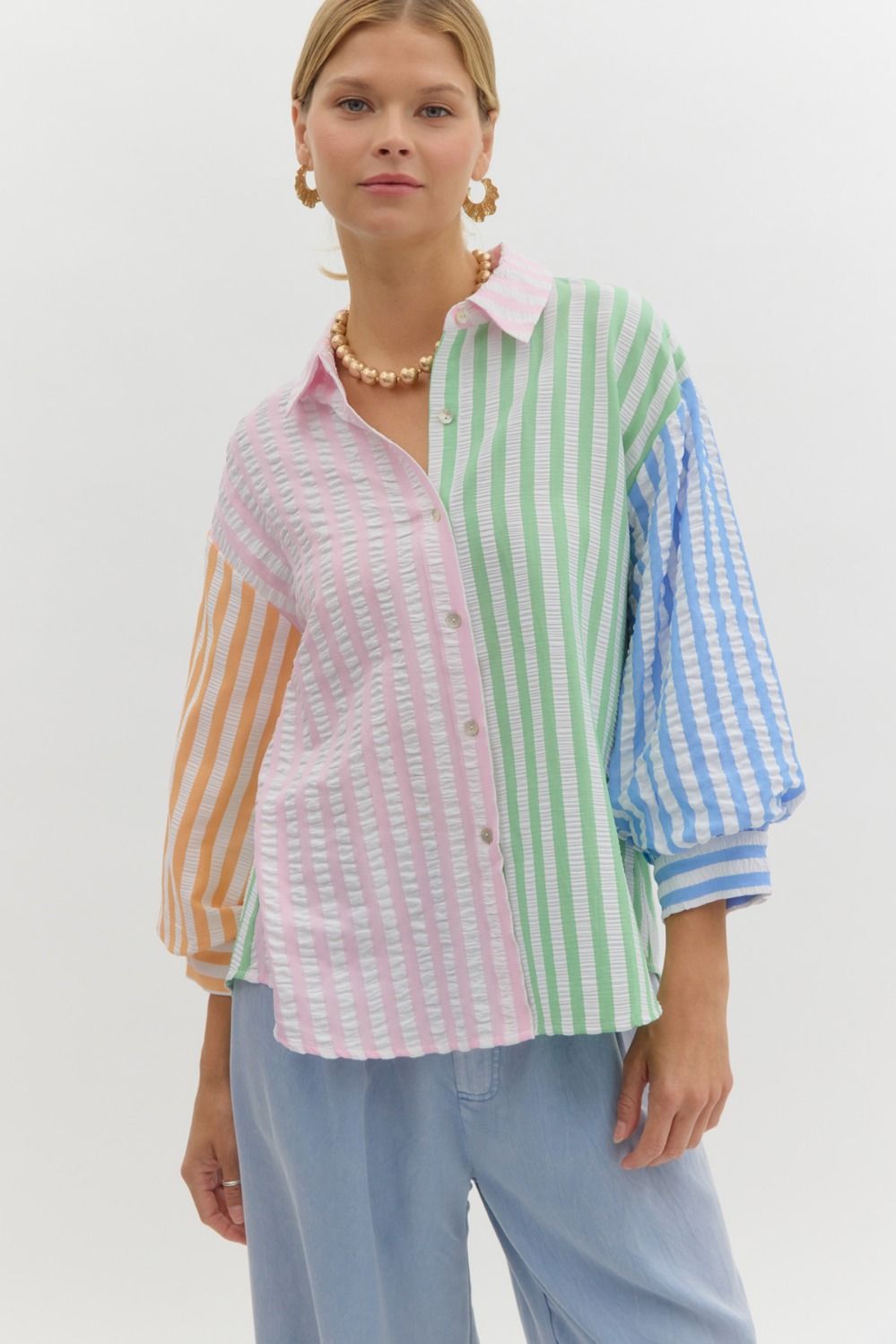 Color block striped collared button fron