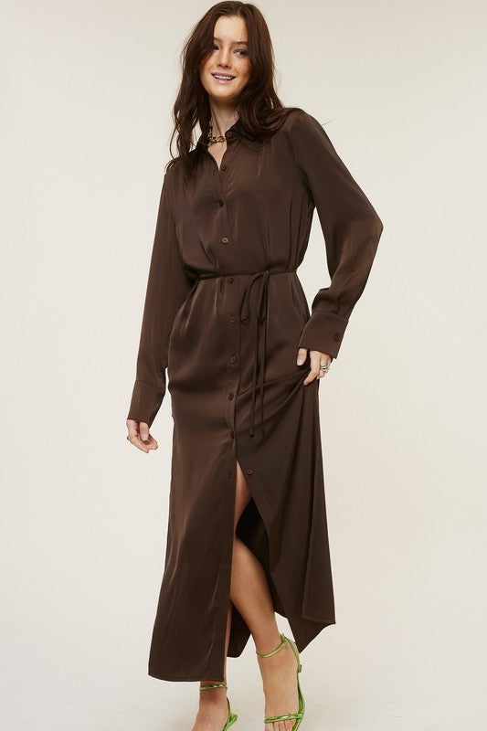 Silky Collar Button-down Dress W Drawstr