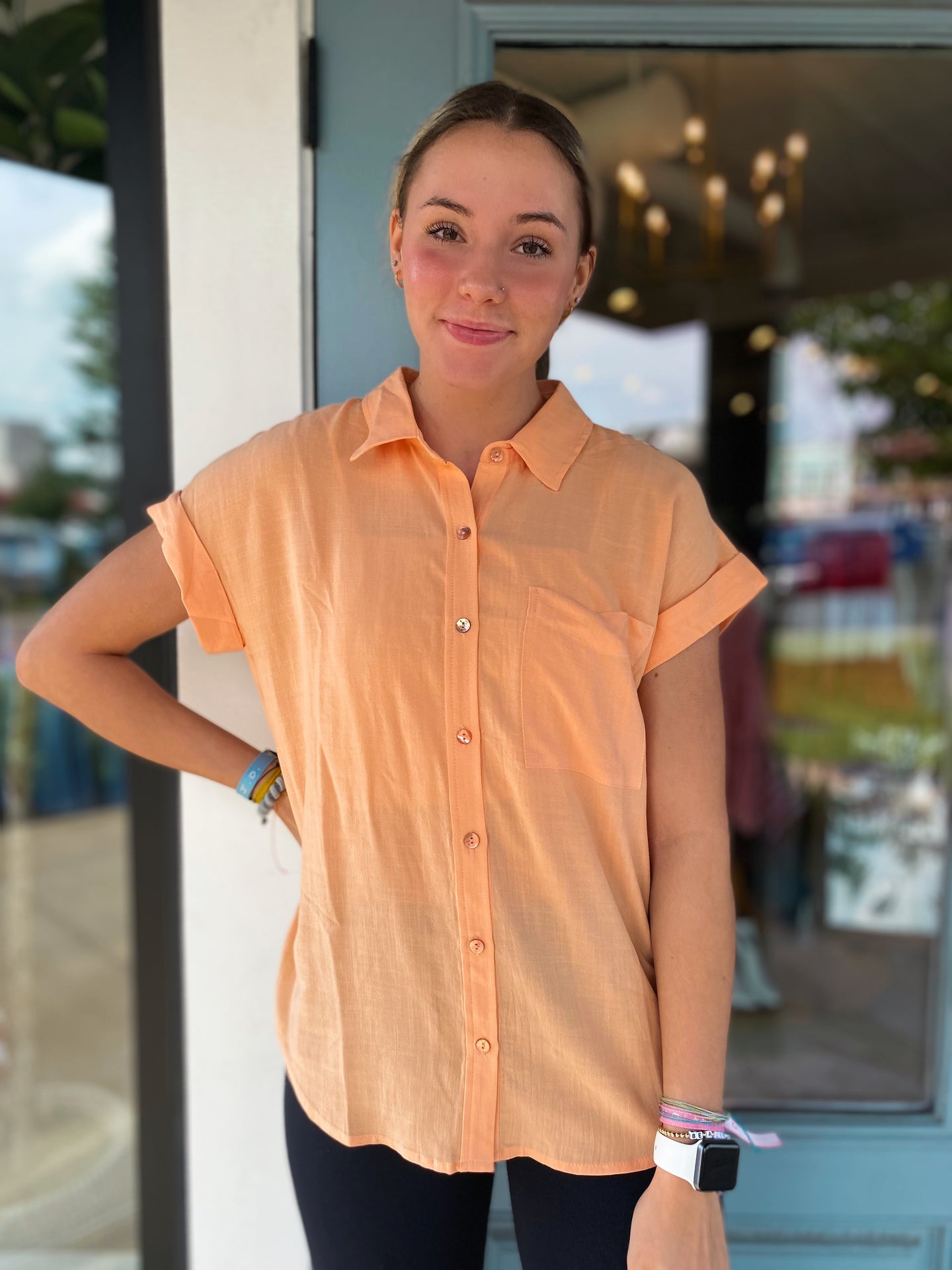 Solid Short Sleeve Button Down Top