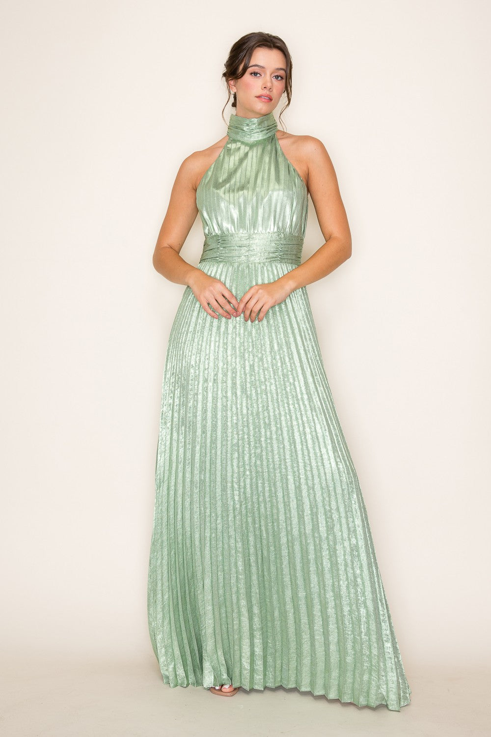 Satin Pleated Halter Midi Dress Dreams Boutique, LLC Satin Pleated Halter Midi Dress Dreams Boutique, LLC