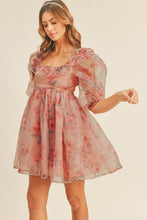 Load image into Gallery viewer, Floral print puff 3/4 sleeve organza baby doll dress
