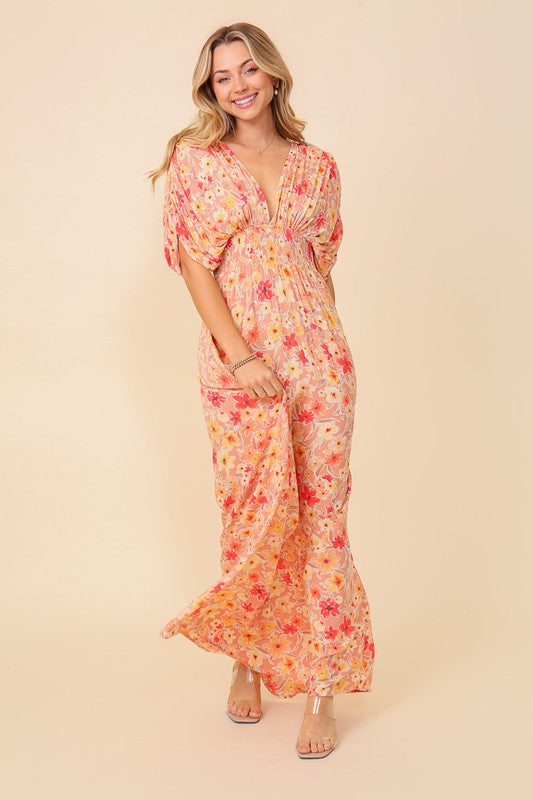 FLORAL PRINT MAXI DRESS WITH SMOCKED WAIST