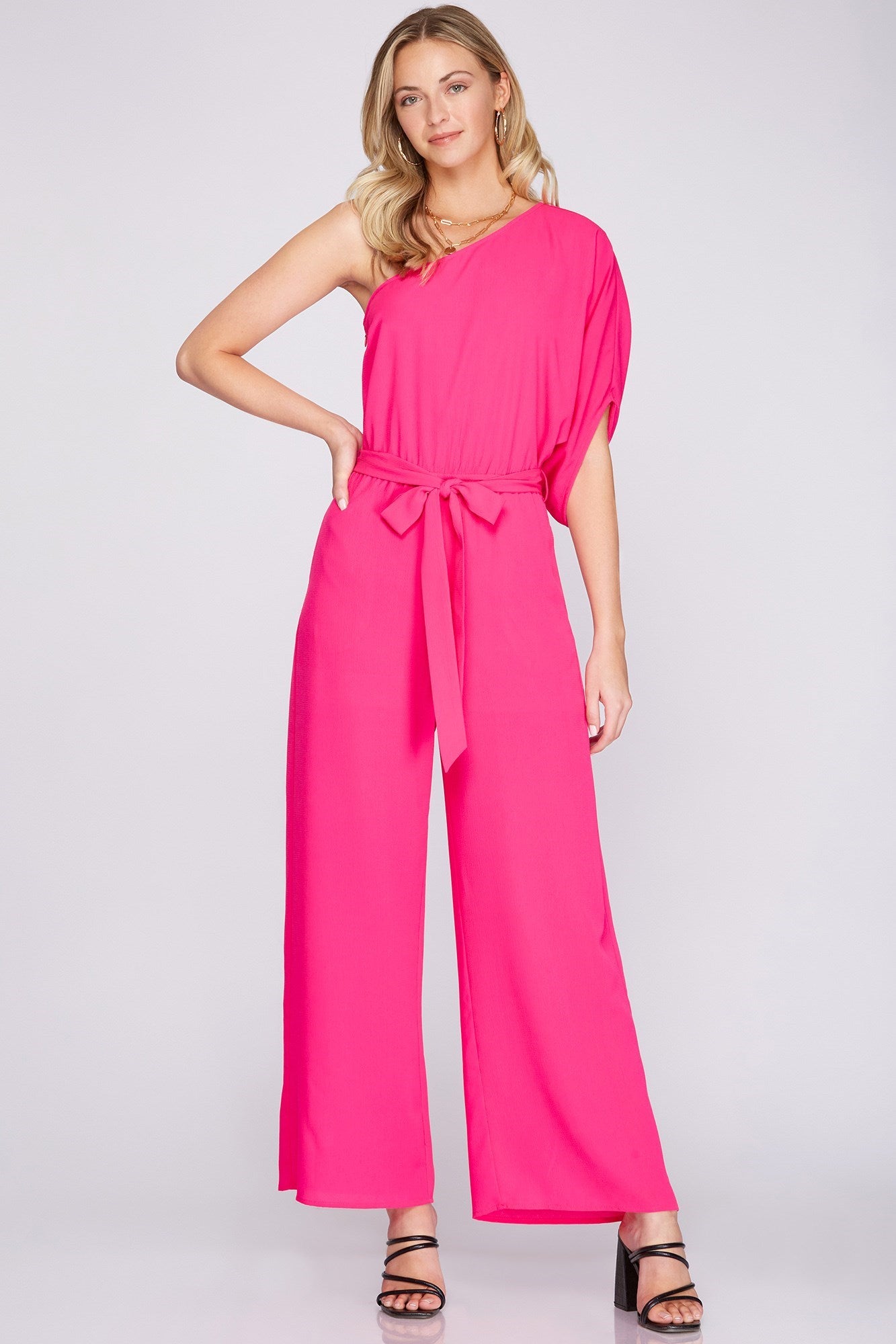 ONE SHOULDER WOVEN JUMPSUIT WITH WAIST STRING